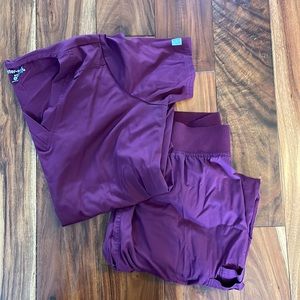 maroon scrub top and jogger bottoms. Top is a small, bottoms are medium.